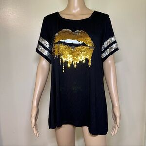 NWT Ashley Stewart Black Sequin Lip Graphic Top